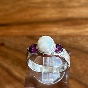 NEW Sterling Pearl & Ruby Ring Size 6-3/4 .925 Designer